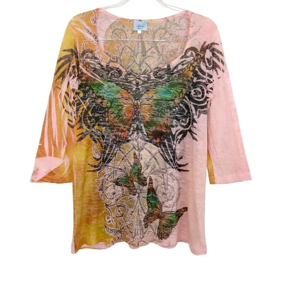 California Bloom Y2k Vintage Butterfly Pink Tattoo Burn Out Top Large - Picture 1 of 4